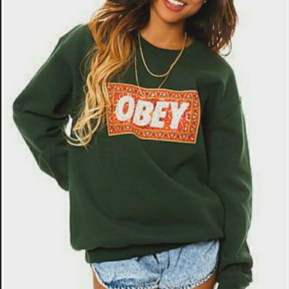 Obey Sweaters - Obey Green Vintage Sweat Shirt Pullover Size Small Spellout Sweater SM